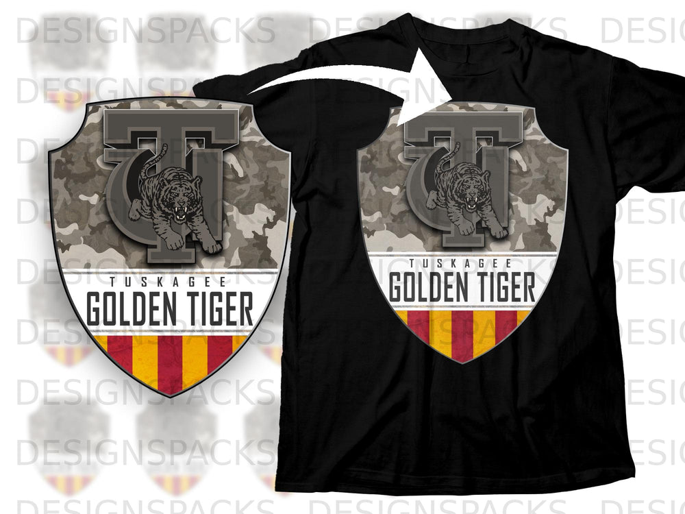 Tuskegee Golden Tiger emblem with a tiger on a camouflage background and striped bottom.