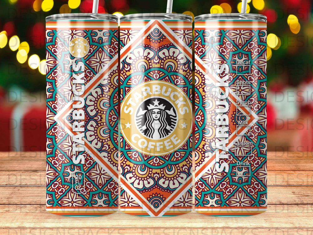 Starbucks tumbler with mandala pattern and drink customization options.
