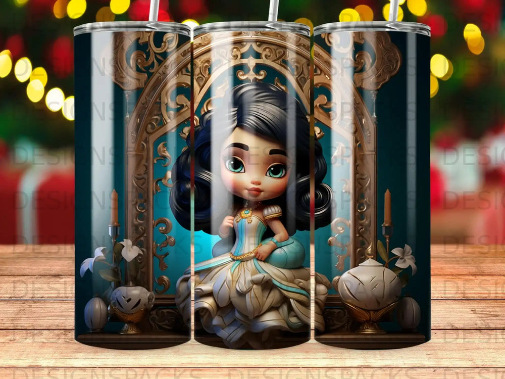 Cartoon girl in ornate gold and blue dress in a decorative frame.