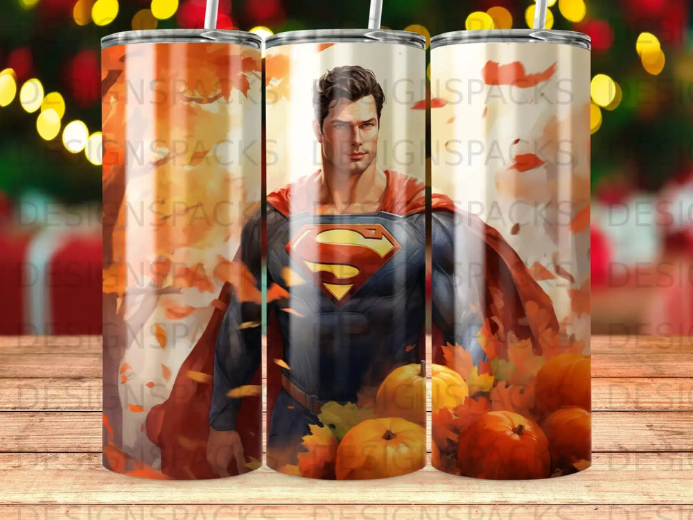 Superman in costume with a fall leaf design.