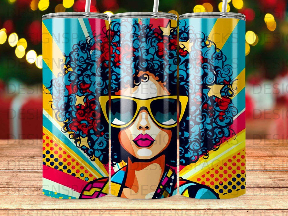 Colorful tumbler with a stylized portrait of a woman with large afro, sunglasses, and stars.