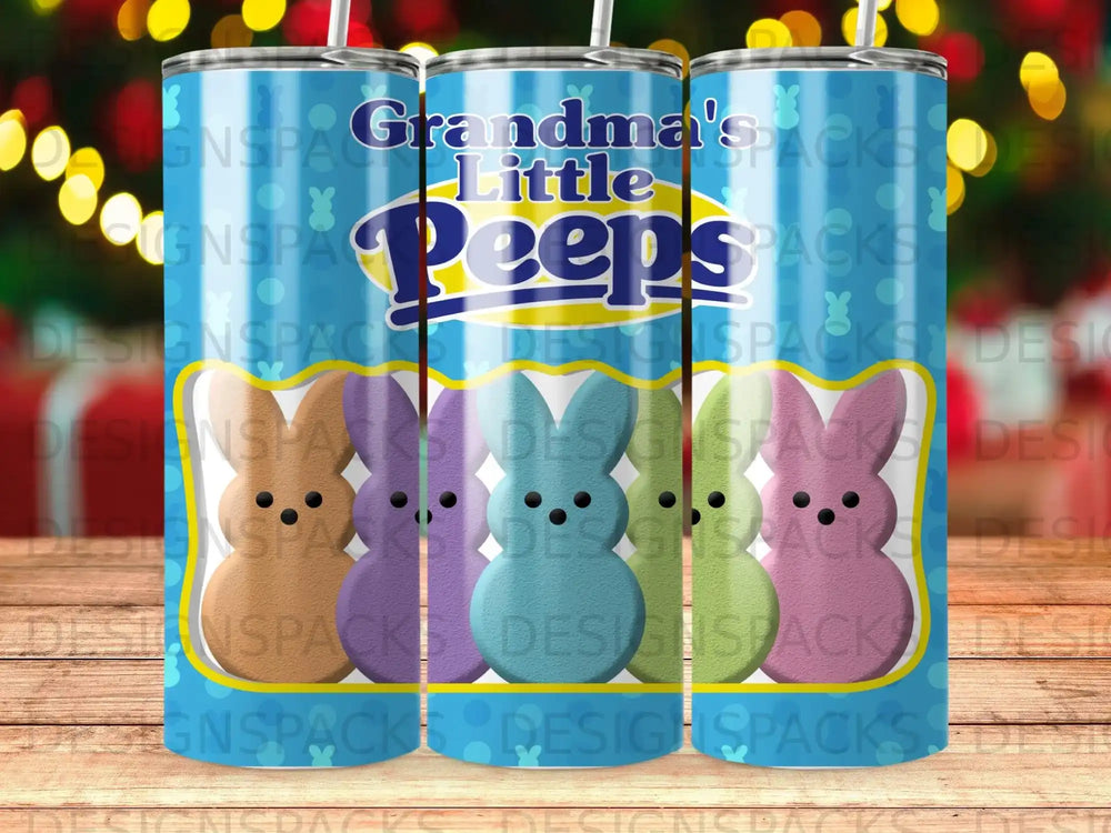 Grandma's Little Peeps tumbler with colorful bunny designs.
