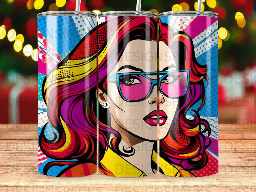 Pop art woman with colorful hair and sunglasses on a patterned background.