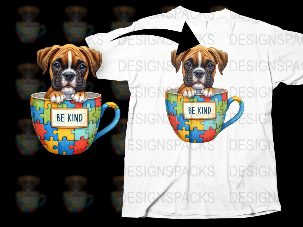 Be Kind Puzzle Boxer Dog Graphic T-Shirt, Cute Boxer in Cup Print, Colorful Puzzle Piece Cup Tee, Animal Lover Gift Shirt
