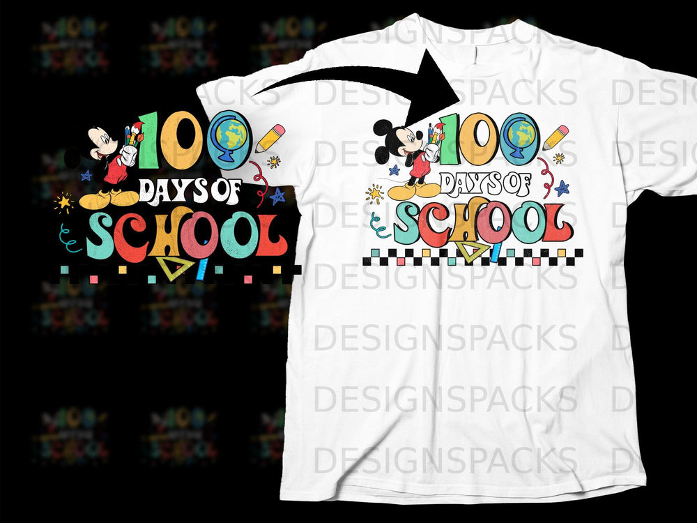 Mickey Mouse celebrates 100 Days of School with art supplies and a globe.