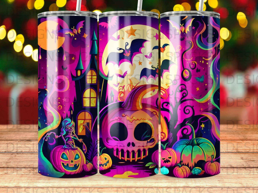 Halloween tumbler with pumpkins, castle, bats, and zombie girl.
