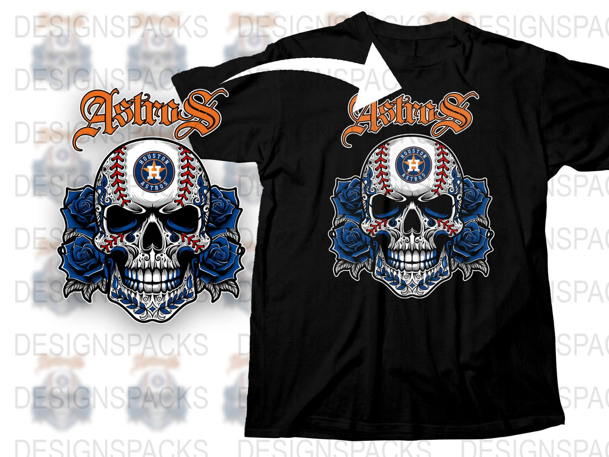 Gothic Skull T-Shirt, Houston Astros Inspired, Baseball Fan Apparel, Blue Roses, Unique Graphic Tee Design