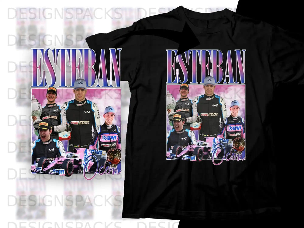Alpine F1 Esteban Ocon graphic t-shirt with driver and car collage.
