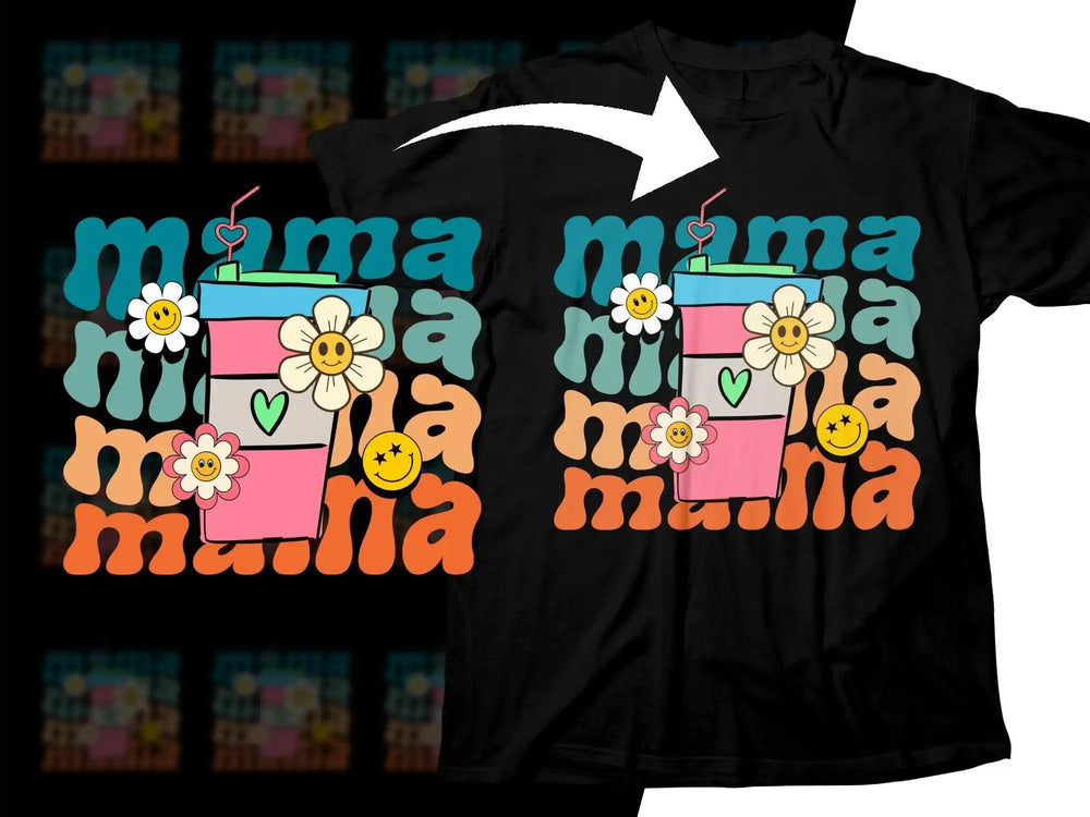 Black t-shirt with colorful 'mama' design, flowers, and smiley faces for DTG printing