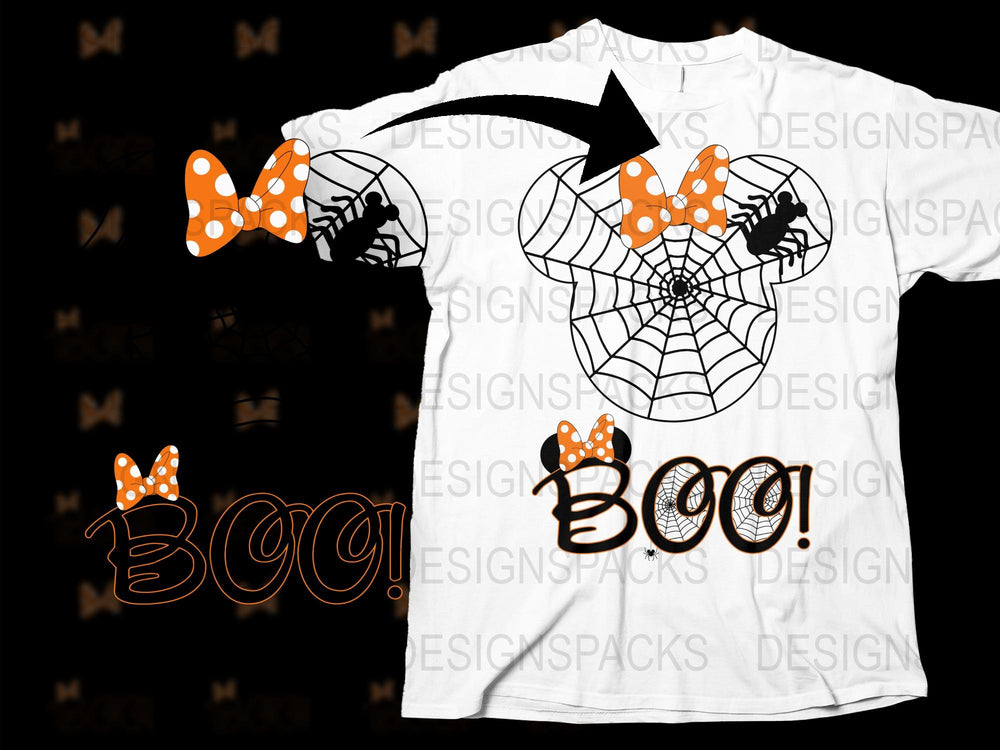 Halloween T-Shirt with Spider Web and Boo Graphic, Orange Black White, Unisex Adult Halloween Apparel