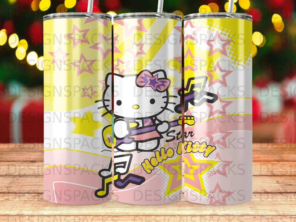 Hello Kitty holding a star, pink and yellow design, on a tumbler.