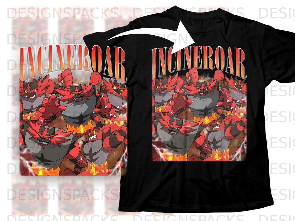 Black t-shirt featuring multiple red and gray creatures with "Incineroar" text.