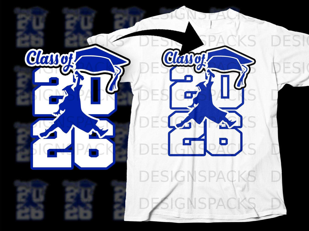 Blue graduation design with "Class of 2026" text and graduation cap.