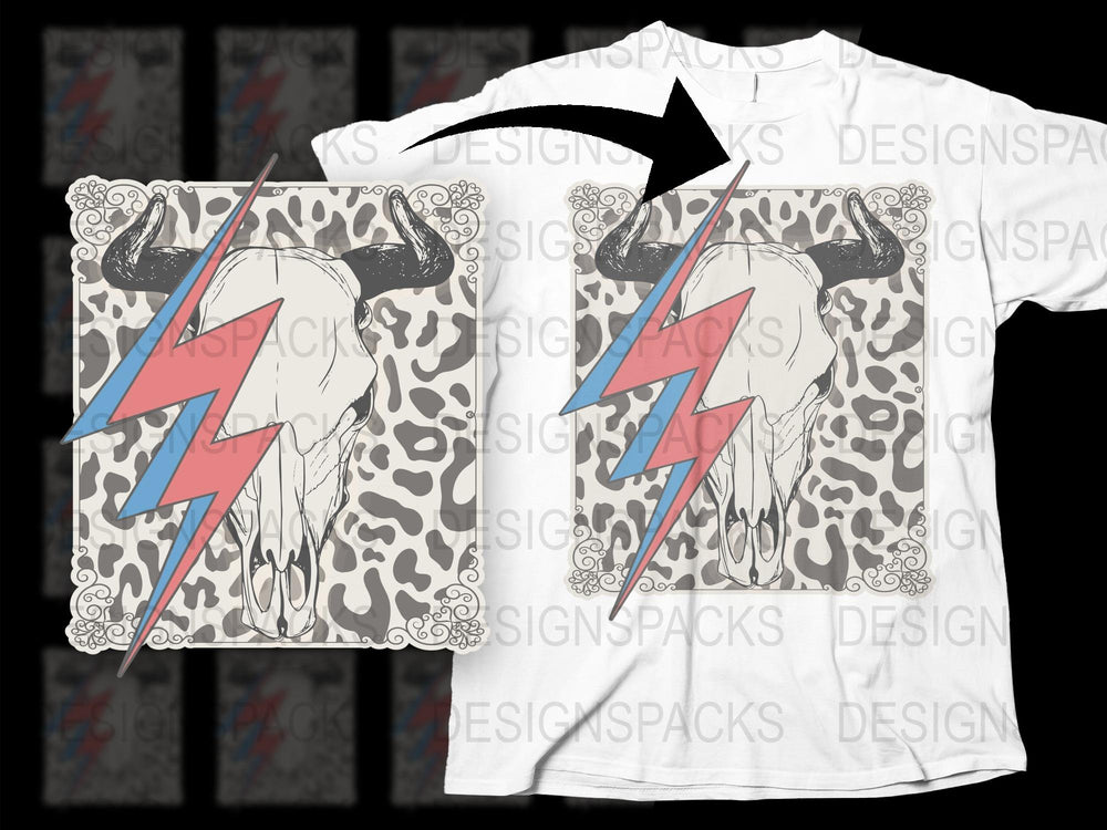 Leopard Print Skull T-shirt, Lightning Bolt Graphic Tee, Black and White, Trendy Street Fashion, Unisex Clothing