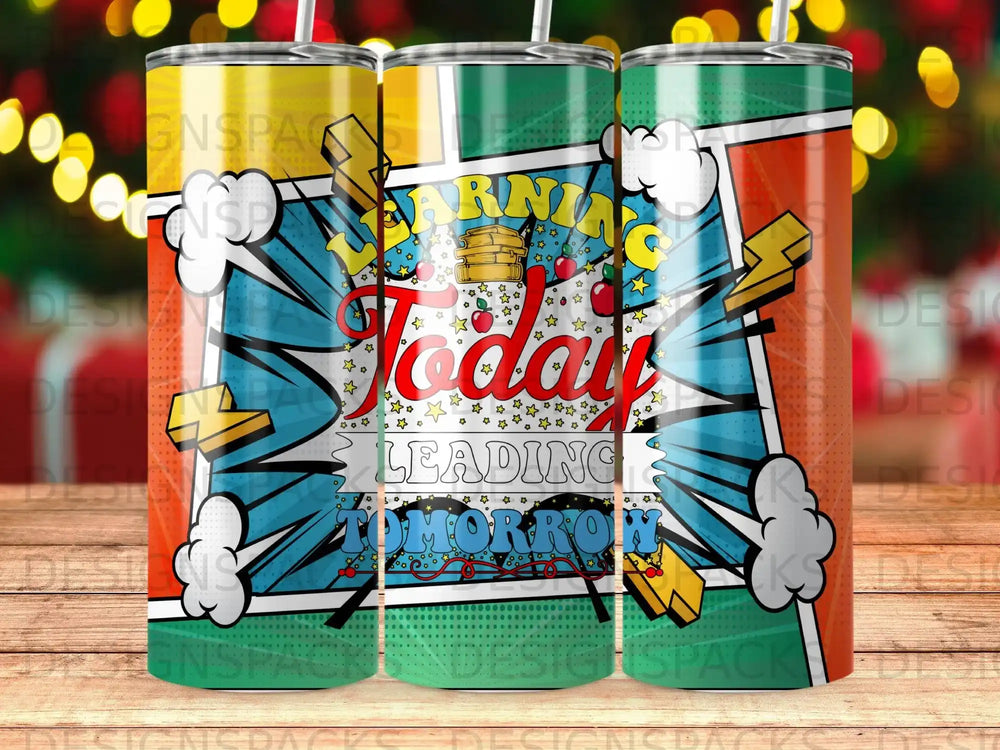 Today graphic with "Leading Tomorrow" text on a colorful, retro-style tumbler.