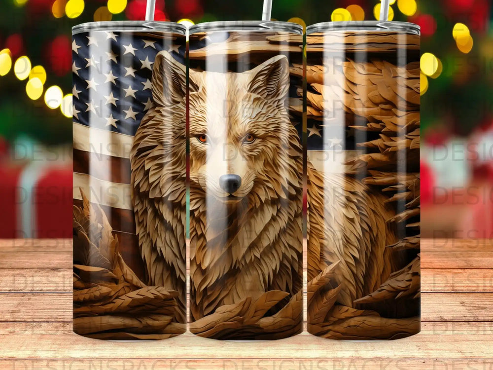 Wolf with American flag and wood grain pattern on a tumbler.