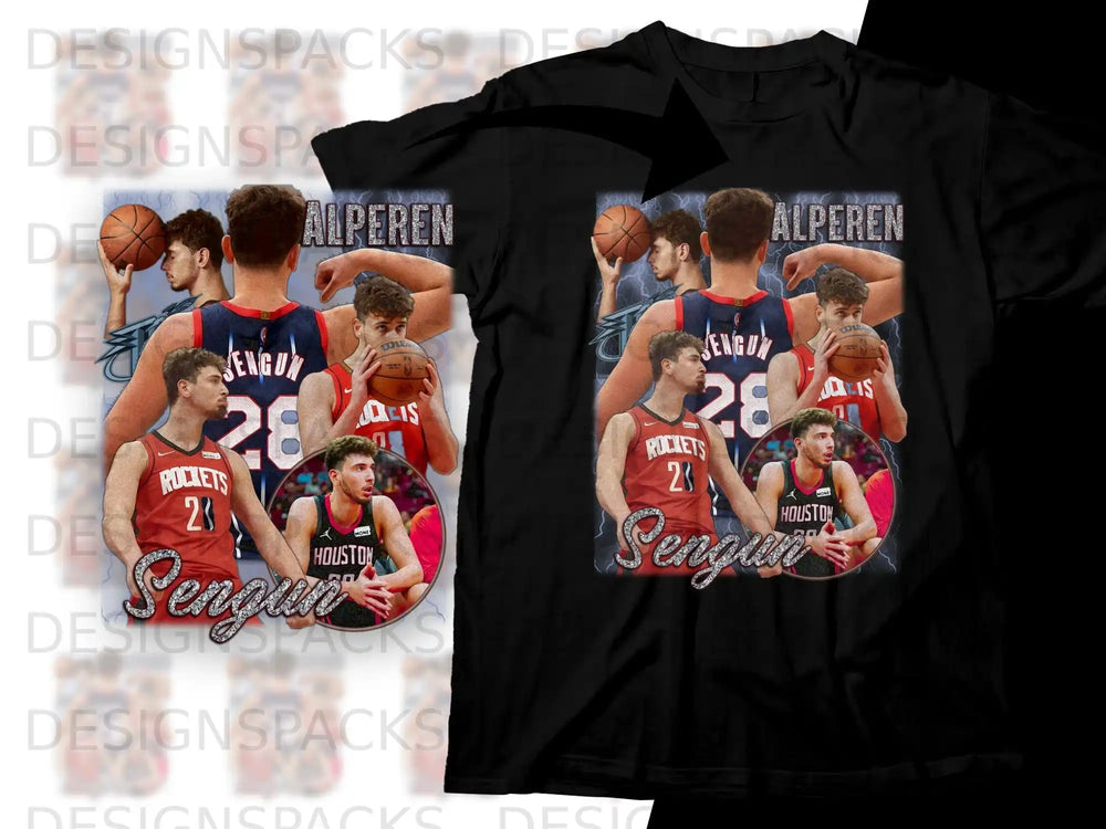 Alperen Sengun Houston Rockets basketball player graphic on black t-shirt.