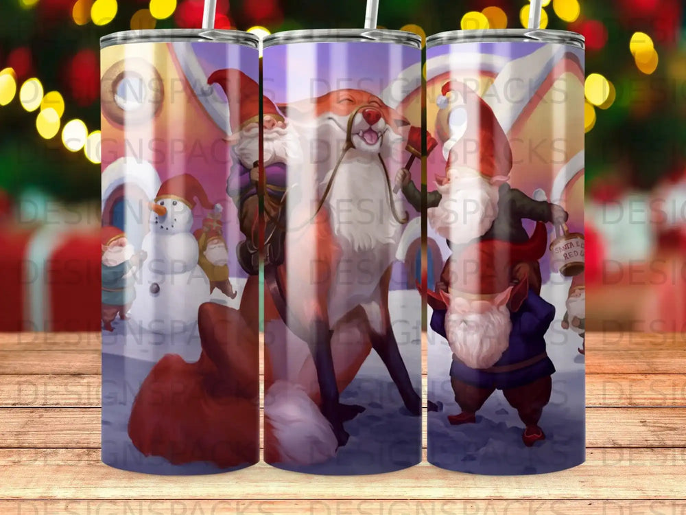 Fox and elves celebrating, with Santa hat and paint.