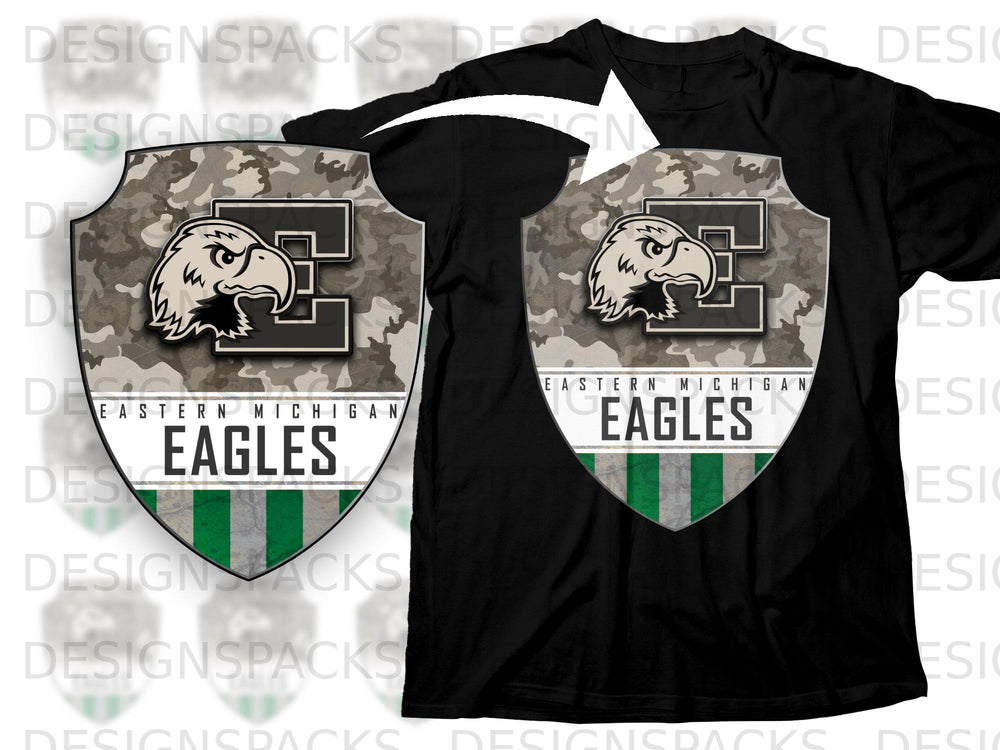 Black t-shirt with a shield graphic featuring an eagle, camouflage, and "Eastern Michigan Eagles".