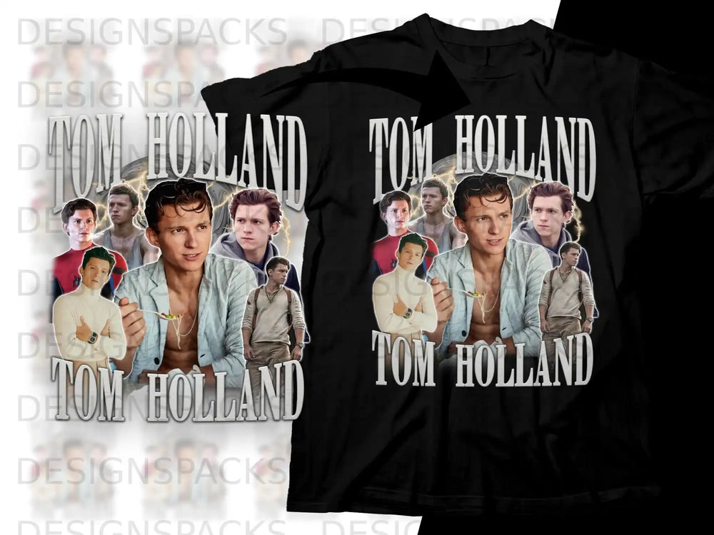Tom Holland collage on black t-shirt.