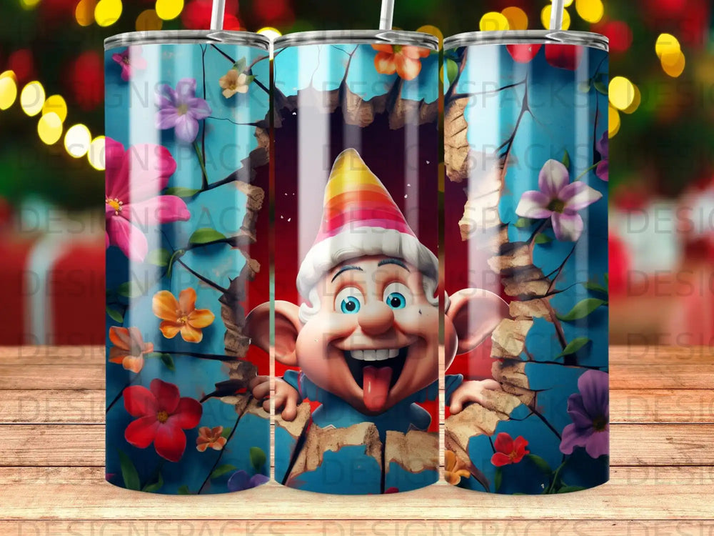 Cheerful gnome in a party hat peeks through a cracked blue wall with flowers.