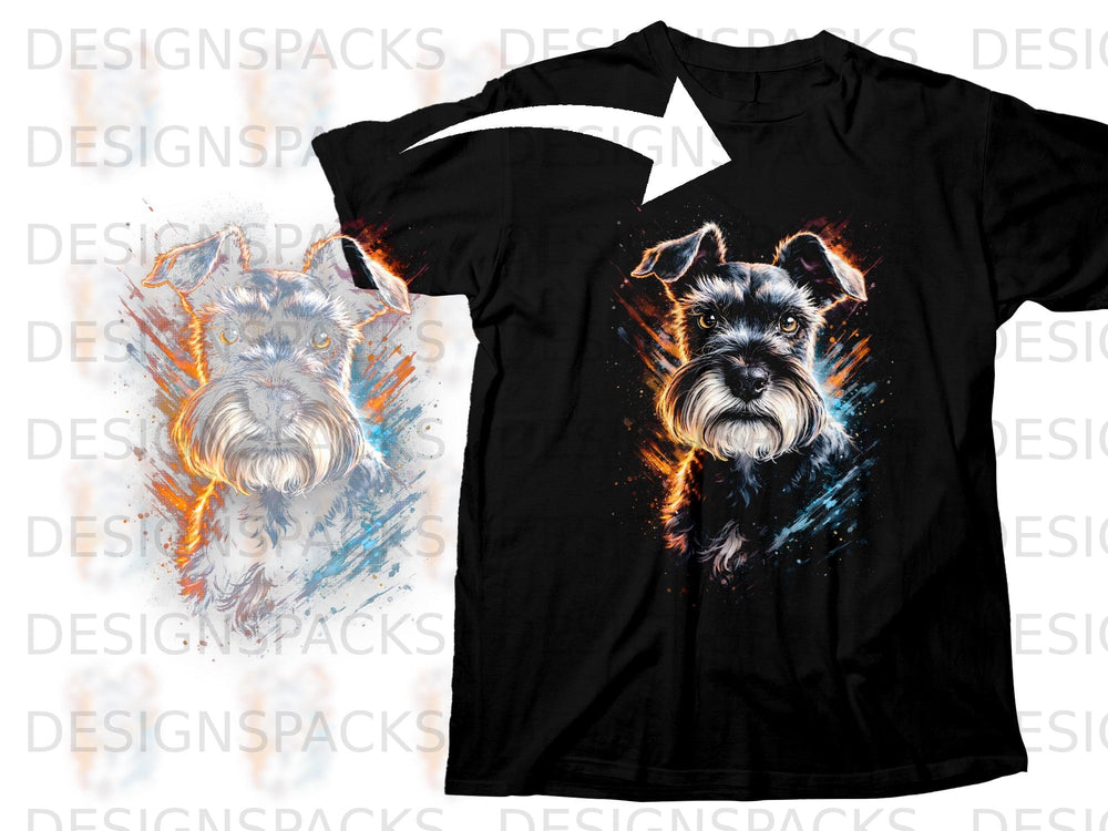 Black t-shirt with a vibrant watercolor schnauzer design featuring orange and blue splashes.
