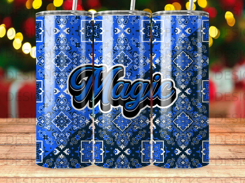 Blue bandana pattern tumbler with "Magic" text in distressed silver and black.