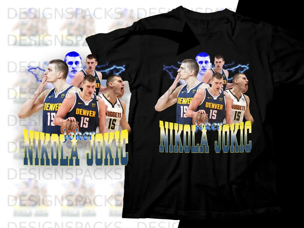 Nikola Jokic basketball graphic t-shirt with Denver Nuggets logo.