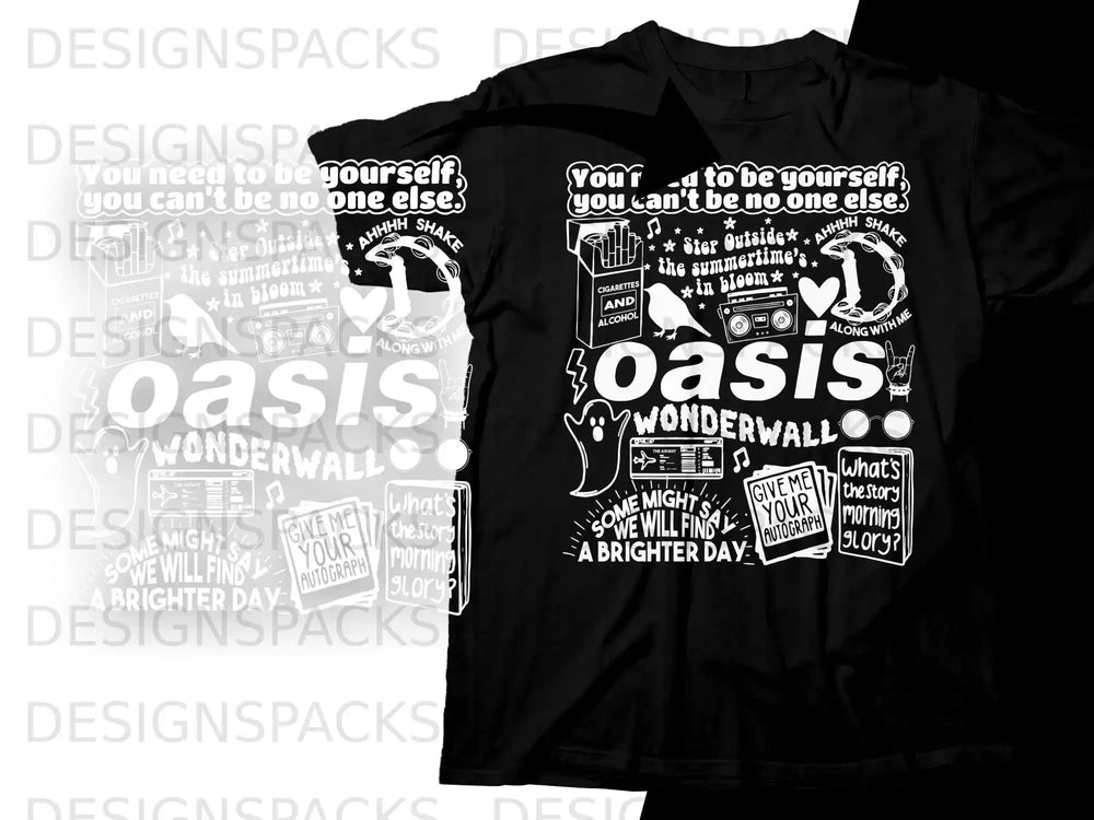 Black t-shirt with "Oasis Wonderwall" text and graphic design.