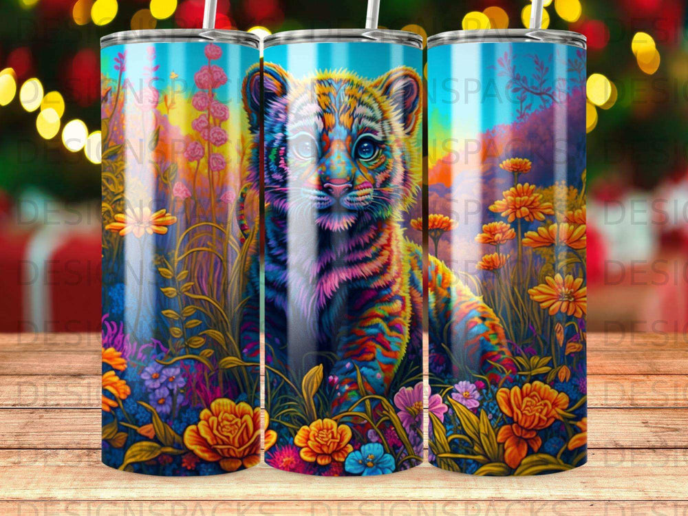 Colorful tiger cub surrounded by vibrant flowers and foliage.