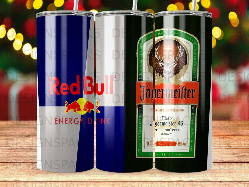 Red Bull Energy Drink and Jägermeister liquor bottle labels.