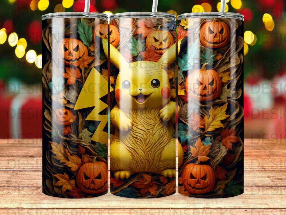 Pikachu surrounded by pumpkins and autumn leaves in a forest setting.
