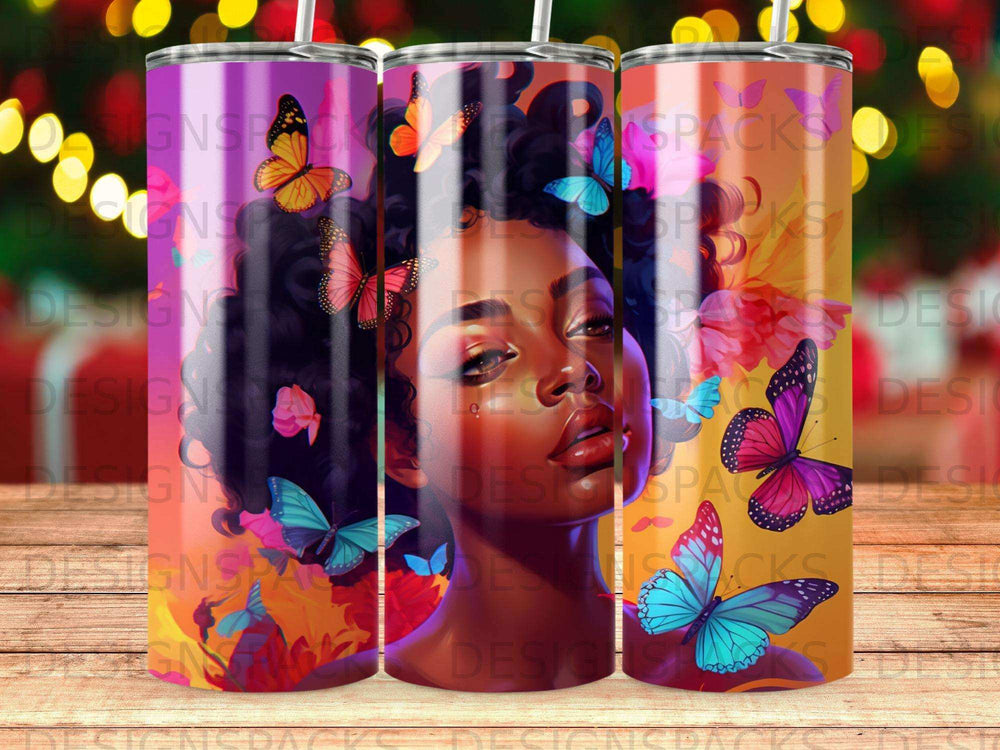 Woman with colorful butterflies and floral accents on a tumbler.