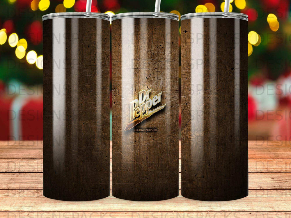 Dr Pepper logo on a distressed wood grain textured tumbler.