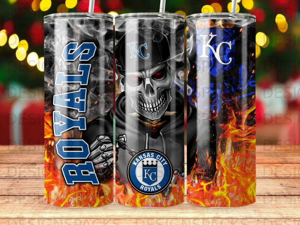 Kansas City Royals tumbler with flaming skull graphic and team logo.