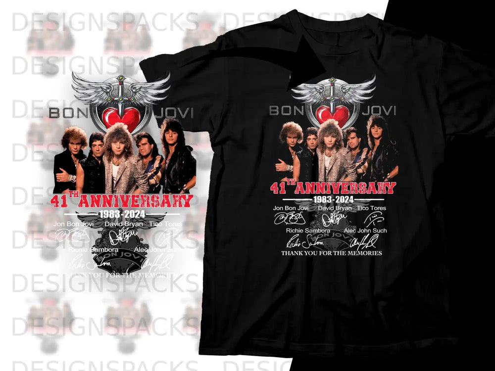 Bon Jovi 41st Anniversary 1983-2024 t-shirt with band members and signatures.