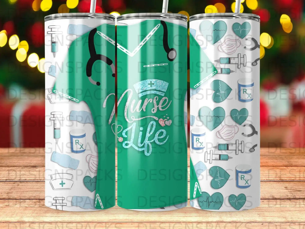 Green tumbler with "Nurse Life" text and medical icons.