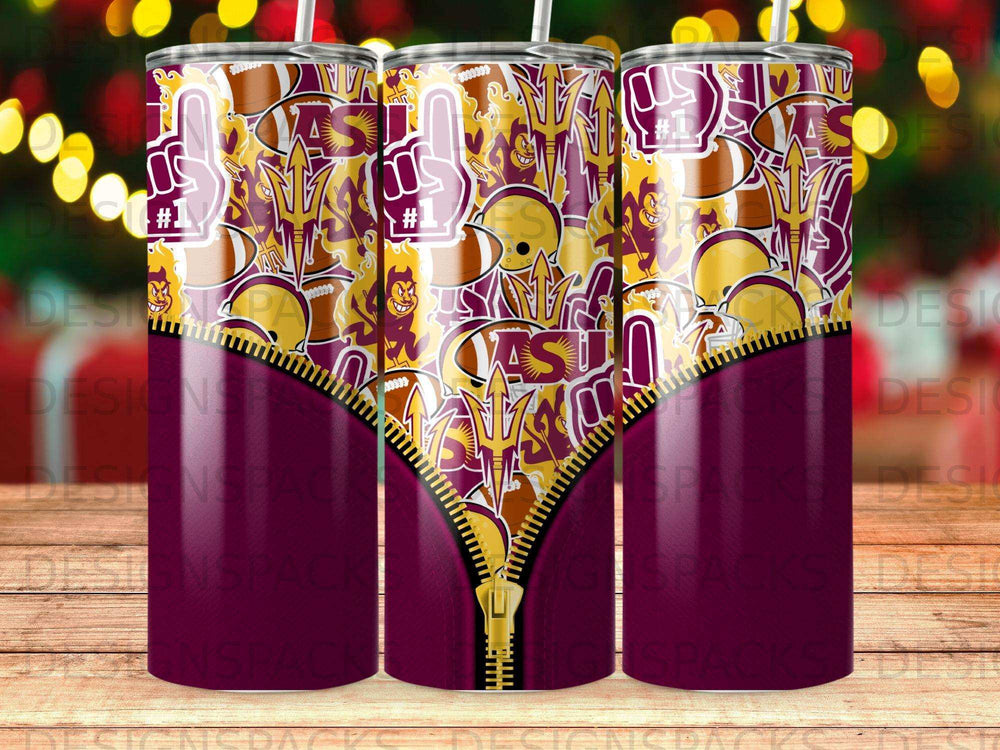 Tumbler with ASU logo and football fan graphics, featuring a zipper design.