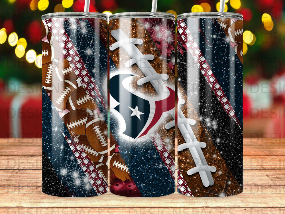 Houston Texans football tumbler with glitter and sparkly stars.