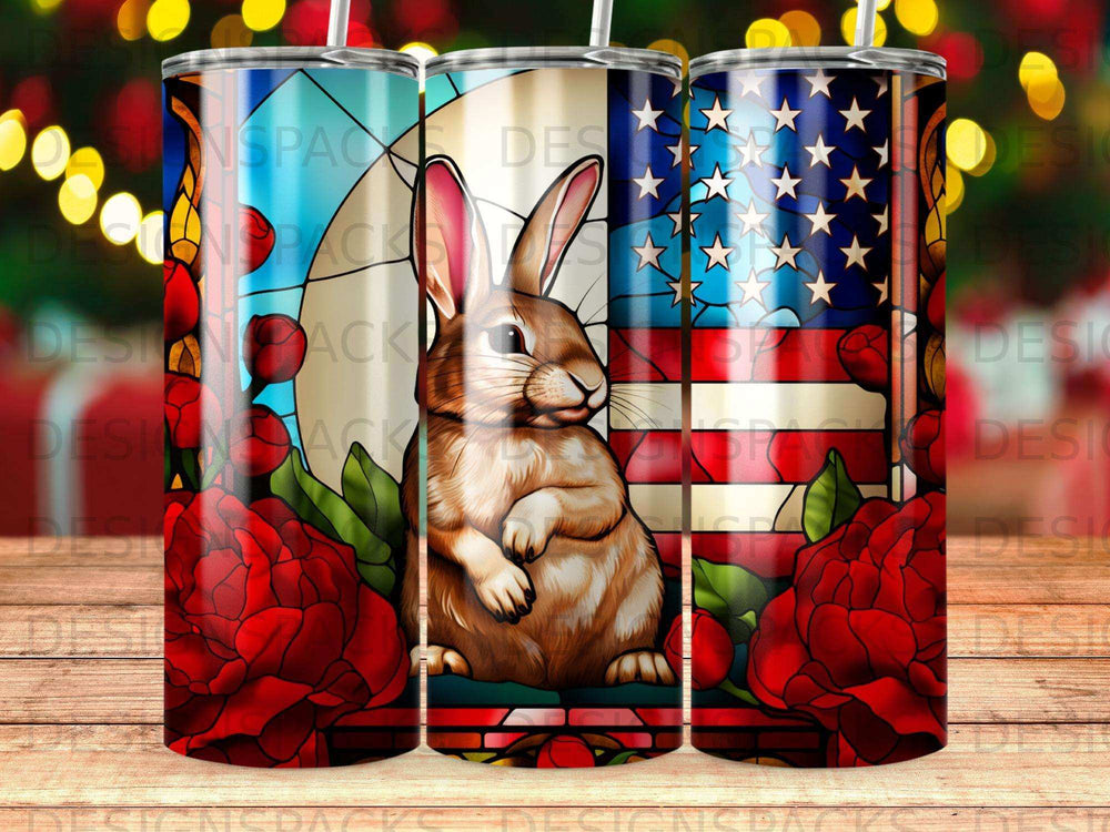 Bunny with roses and US flag stained glass pattern on a tumbler.