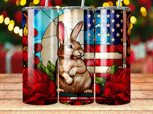 Bunny with roses and US flag stained glass pattern on a tumbler.