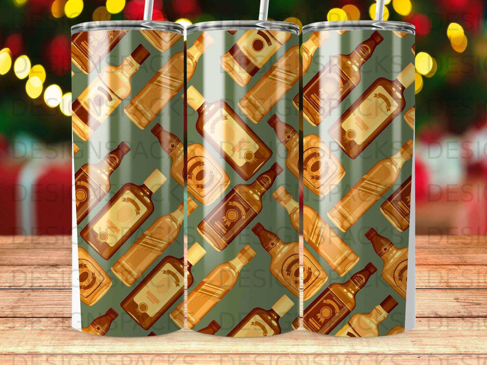 Pattern of whiskey bottles on a green background.