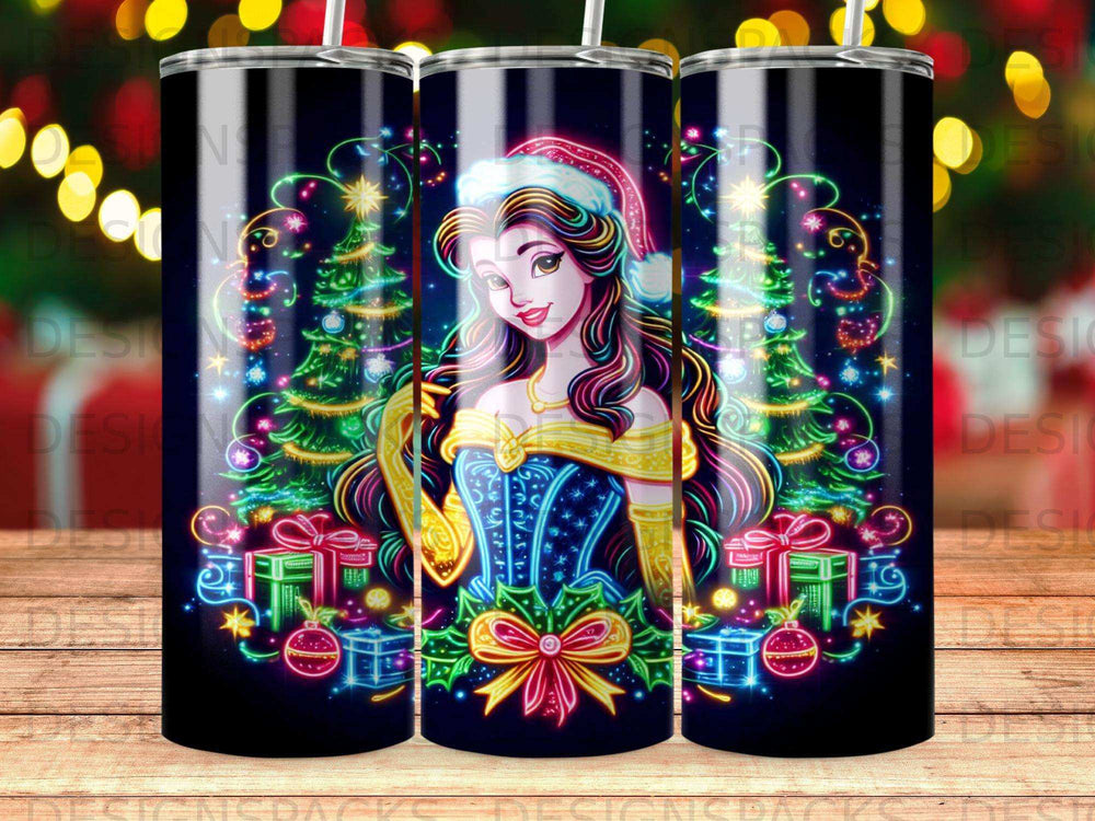 Belle in a festive corset and Santa hat surrounded by glowing Christmas trees and gifts.
