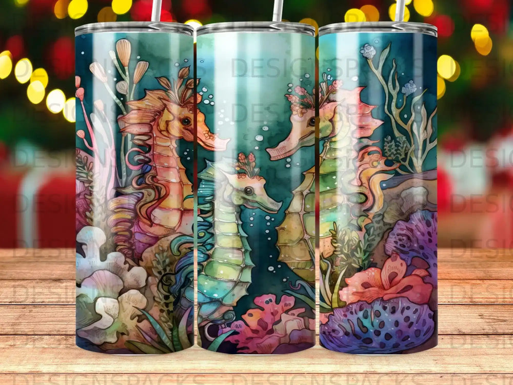 Watercolor seahorses and coral reef underwater scene.