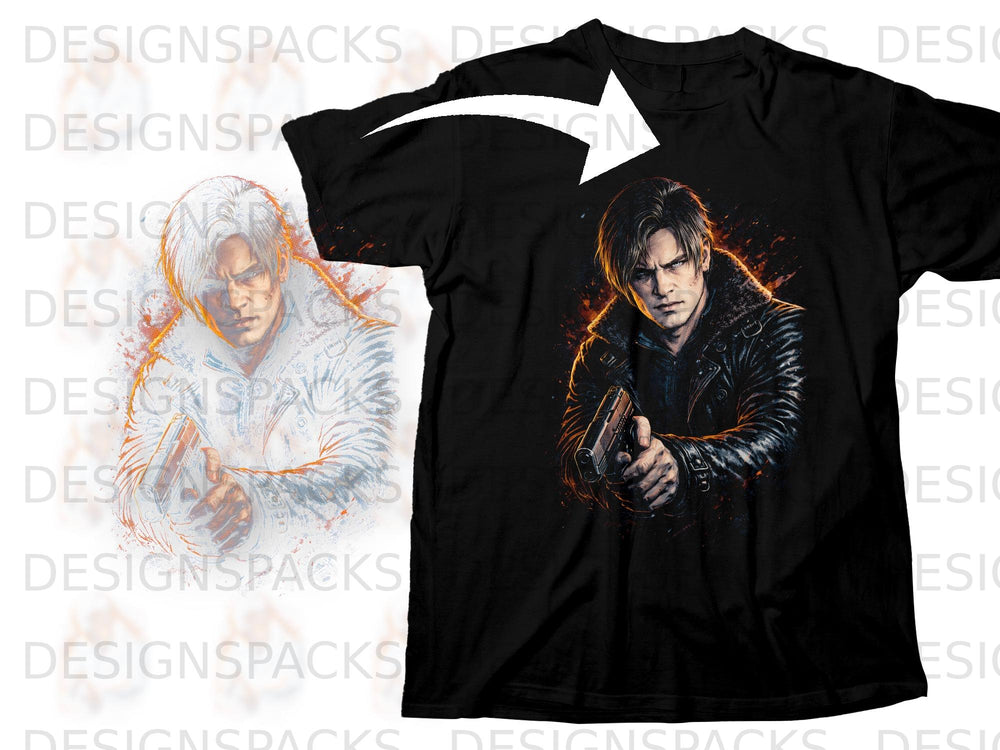 Black t-shirt with a graphic of a man holding a gun, set against a white background with watercolor elements.
