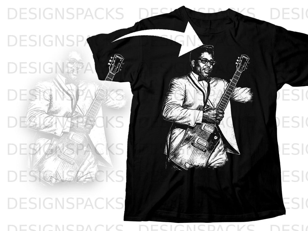 Black t-shirt featuring a sketch of a man playing a guitar.