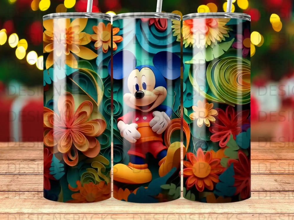 Mickey Mouse character with colorful floral papercraft background.