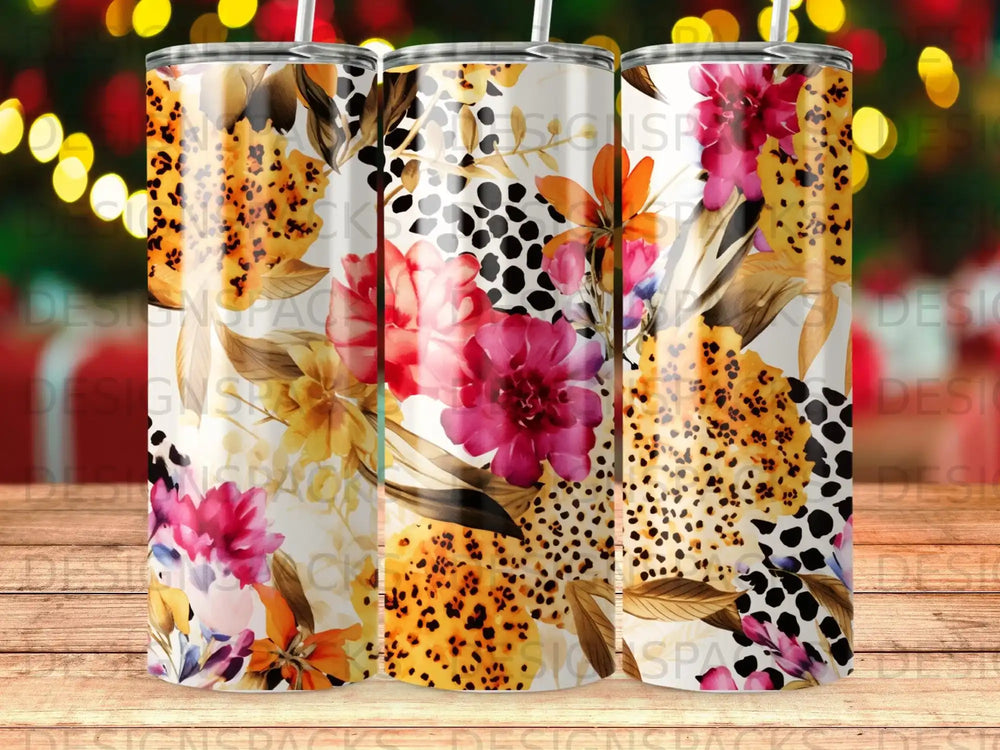 Floral and leopard print tumbler with straw.