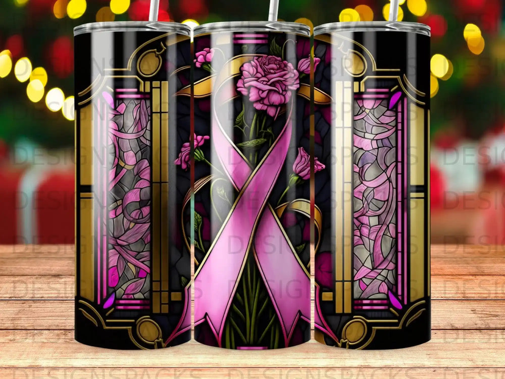 Pink ribbon with floral stained glass pattern on a decorative tumbler.