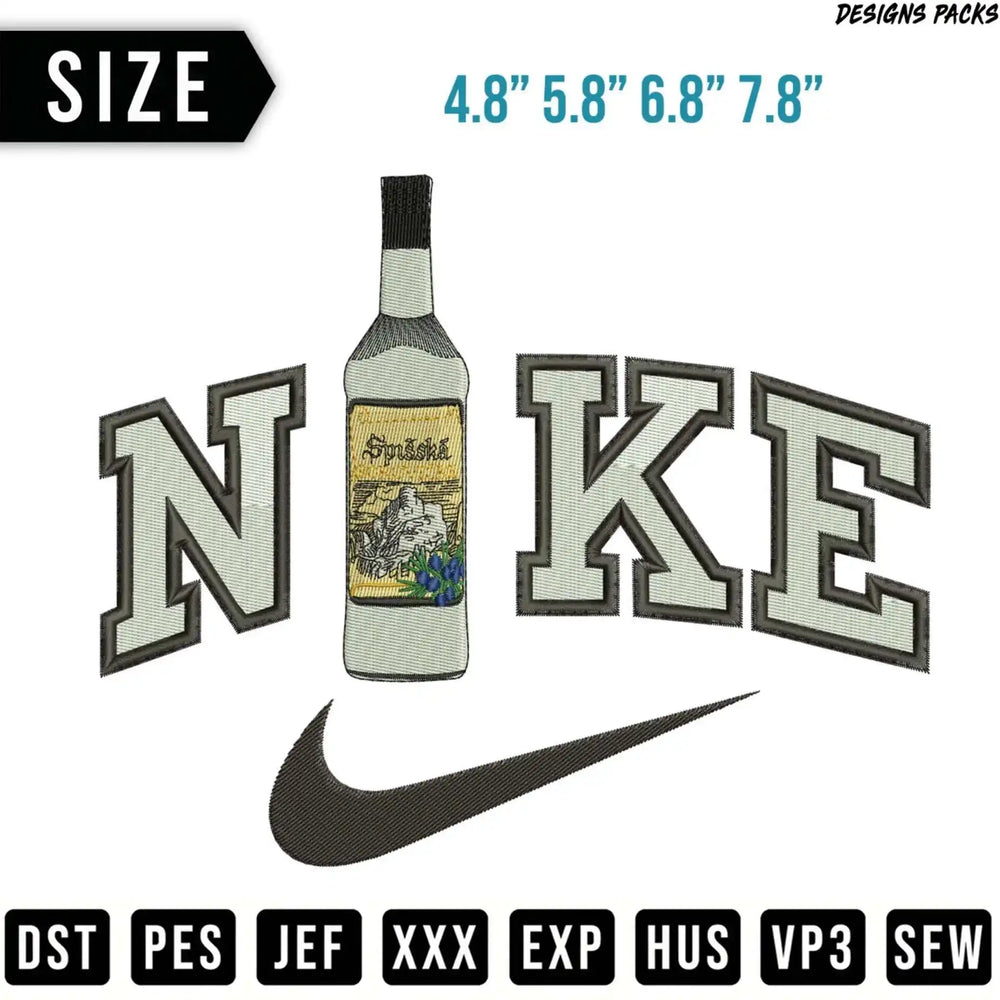 Nike logo with bottle and size options.